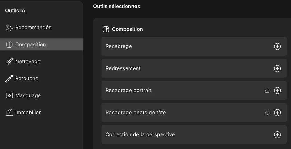Outils de composition d’Imagen AI : recadrage, redressement, recadrage portrait, correction de perspective