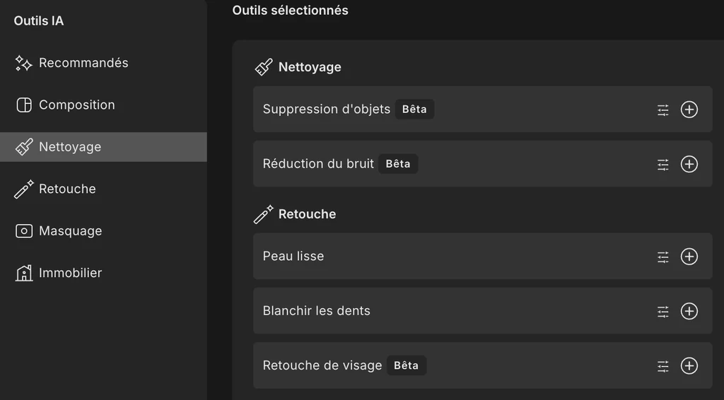 Outils de nettoyage et de retouche d’Imagen AI : suppression d’objets, réduction du bruit, peau lisse, blanchiment des dents