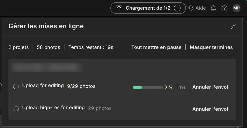 Fenêtre de suivi des envois Imagen AI, téléversement des photos d’un mariage en cours