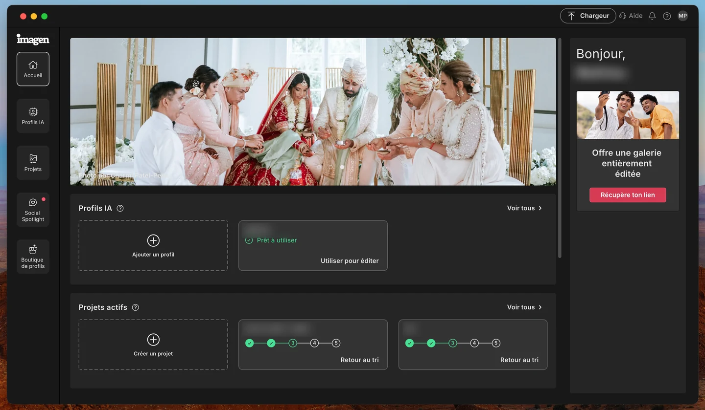 Tableau de bord de l’application Imagen AI une fois le compte créé, avec les Profils IA et les projets