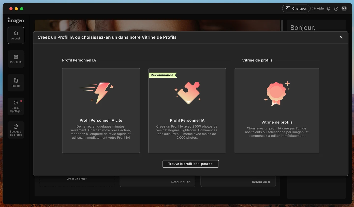 Choix entre Profil Personnel IA Lite, Profil Personnel IA et Vitrine de profils dans Imagen AI