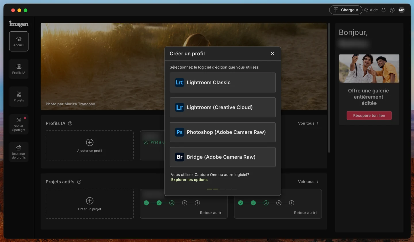 Sélection du logiciel d’édition : Lightroom Classic, Lightroom CC, Photoshop ou Bridge