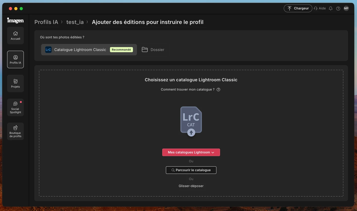 Sélection d’un catalogue Lightroom Classic .cat comme source des photos éditées