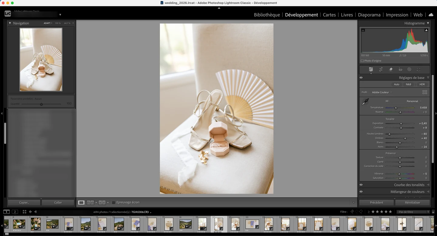 Image développée par Imagen AI ouverte dans le module Développement de Lightroom Classic, tous les curseurs accessibles