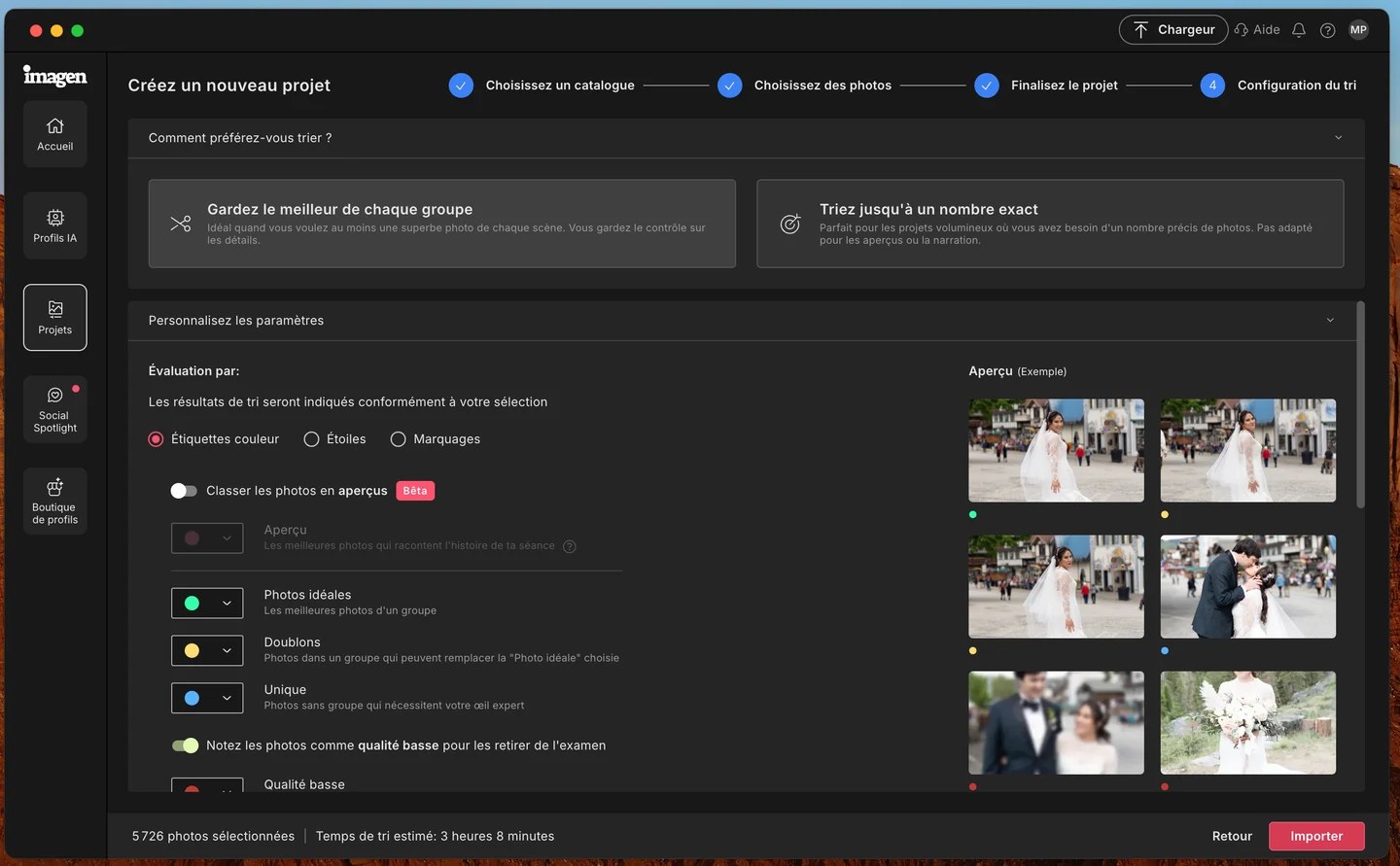 Configuration du Tri IA d’Imagen en mode « gardez le meilleur de chaque groupe », notation par étiquettes couleur